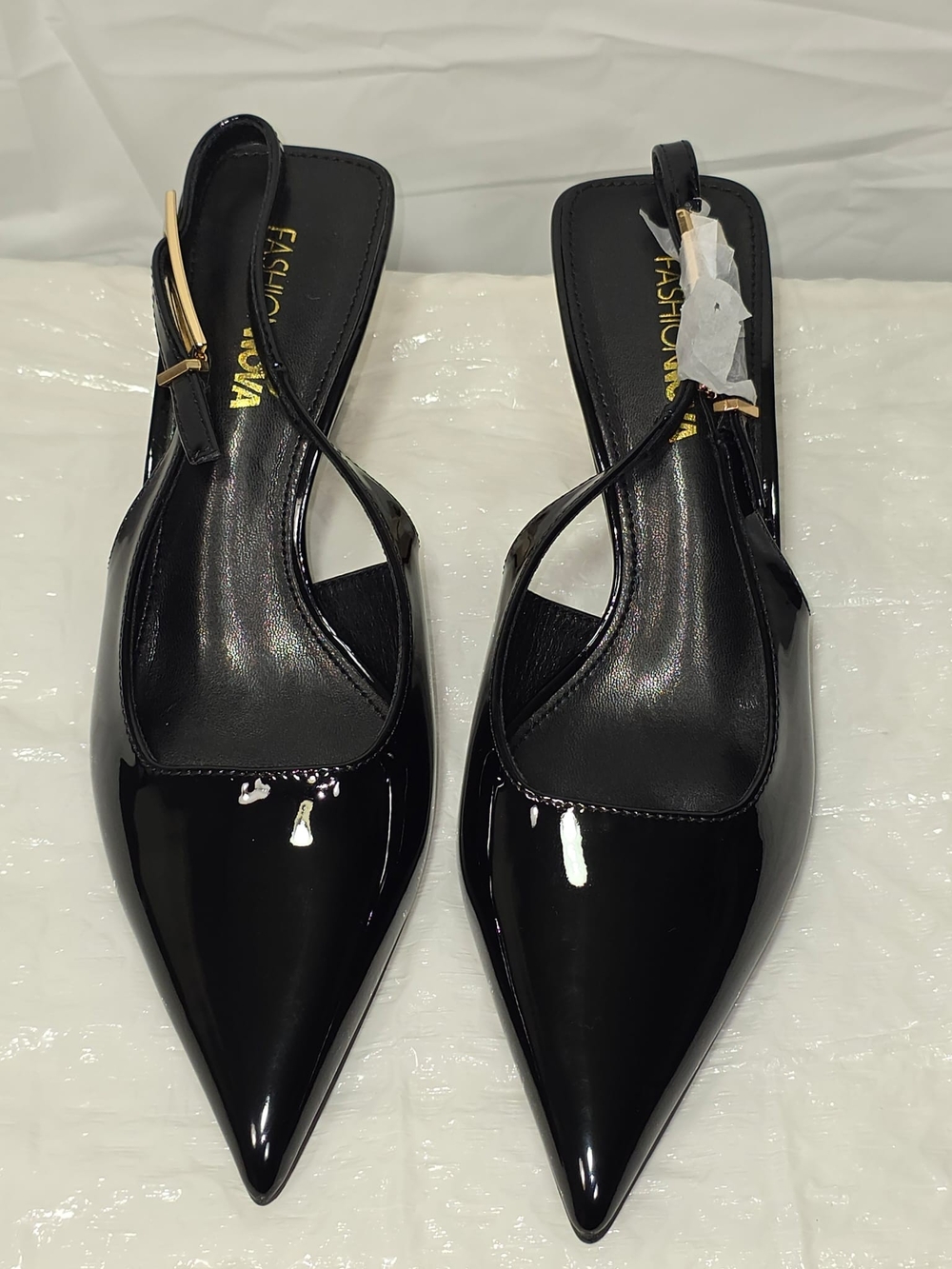 Fashion Nova Black Patent Pointed Slingback Mules